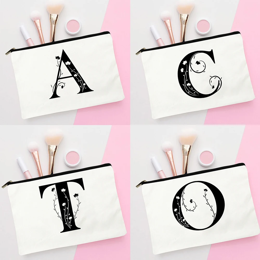 

Black Flower Alphabet Cosmetic Bag Ladies Cosmetic Bag Portable Canvas Makeup Female Clutch Bag Travel Storage Storage Box