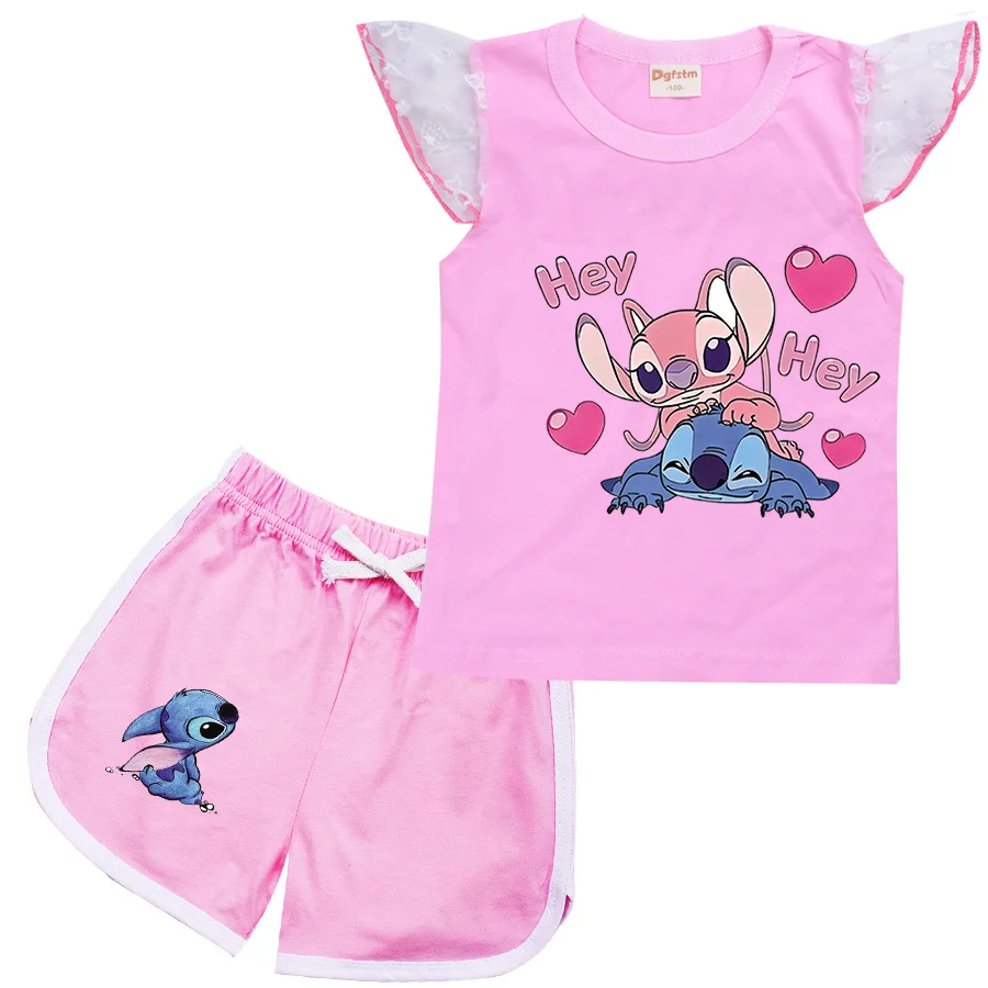 

2022 Disney Girls Boys Summer Stitch 3D Kids Sports T-Shirt + Pants 2 Piece Baby Clothing Comfort Set Pajamas 2-15Y