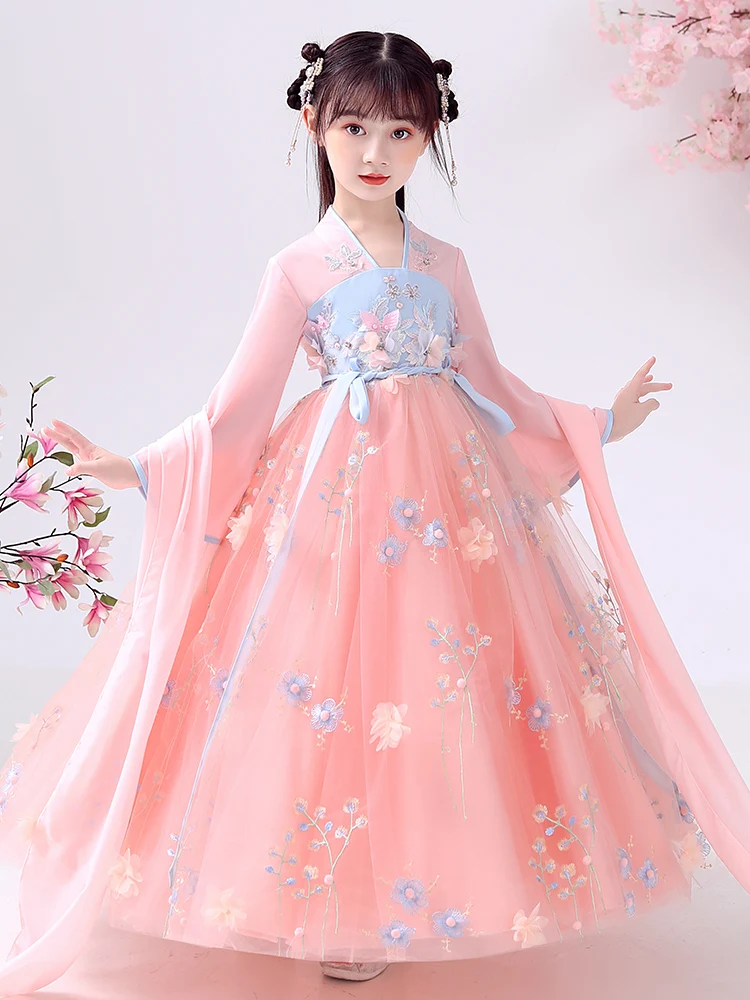 

Традиционная китайская синяя детская одежда Hanfu для косплея, детский классический костюм династии Тан, танцевальное платье для девочек