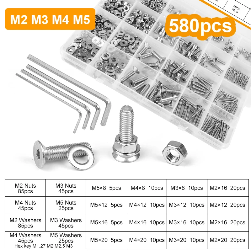 Набор для шайбы винтов JUIDINTO, комплект из шайбы с плоской головкой и шестигранной головкой M2 M2.5 M3 M4 M5 из нержавеющей стали с шестигранным ключом