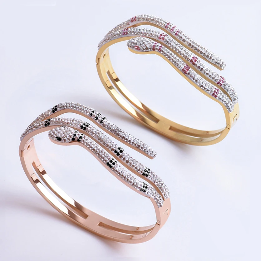 

New Fashion 316 Stainless Steel Crystals Zircon Cuff Bracelet Snake Bangles Jewelry for Women Best Gift