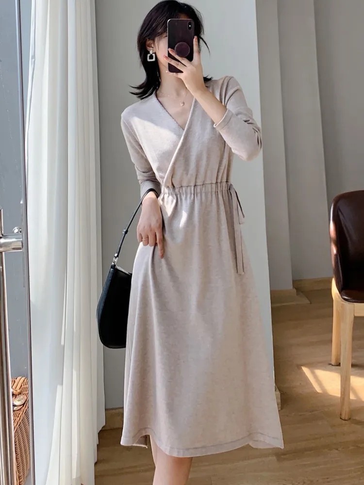 

Новое осенне-зимнее винтажное трикотажное платье-свитер с v-образным вырезом, женское офисное платье с длинным рукавом, элегантные облегающие вечерние женские платья Vestidos