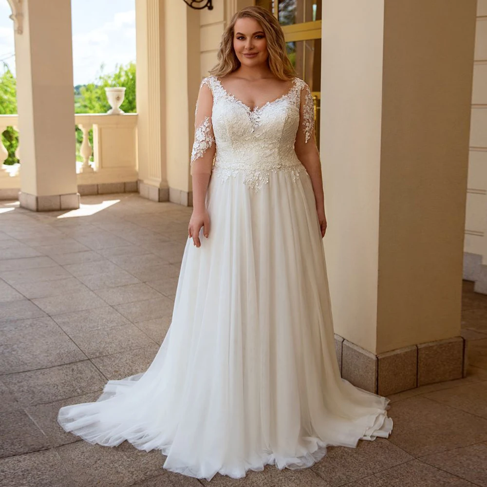 

Sweetheart Ivory Plus Size Wedding Dresses for Bride Sweep Train Three Quarter Sleeve Classci Bridal Gowns Vestido De Novia