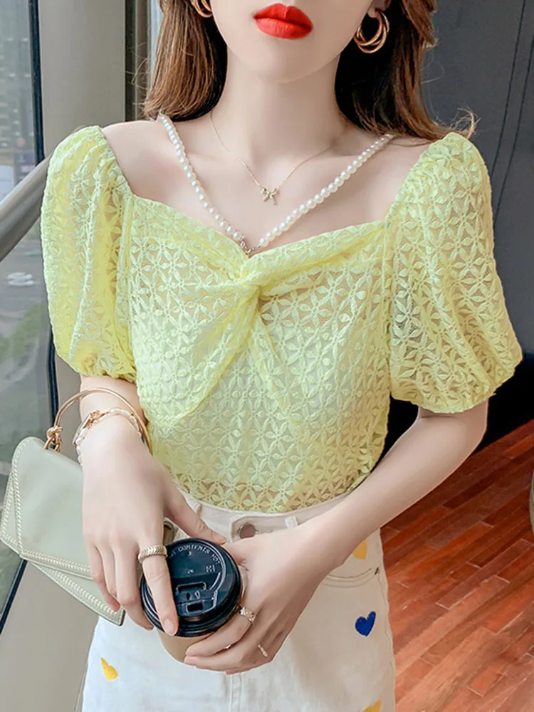 

Slash Neck Top Mujer Off Shoulder Women Bloues Sexy Crop Top Fashion Pearl Short Sleeve Shirts Womens 2022 Summer Blouses Femme