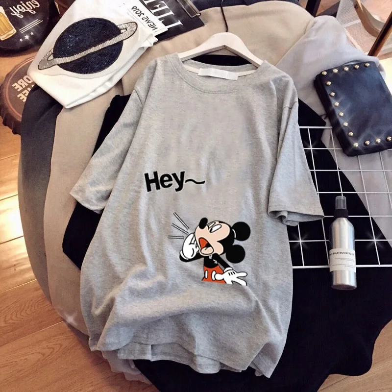 Disney Mickey Mouse T-shirt Girl Trend Mid-Length Loose Casual Short-Sleeved Cartoon Mickey Print T-shirt Round Neck Top