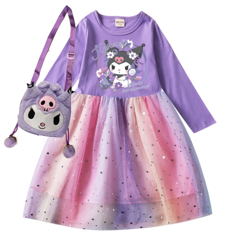 

Kuromi's New Autumn Girls' Clothing Baby Girls' Fashion Cotton Printed Children's Clothing Kawaii Sweet Sheer Princess Dress