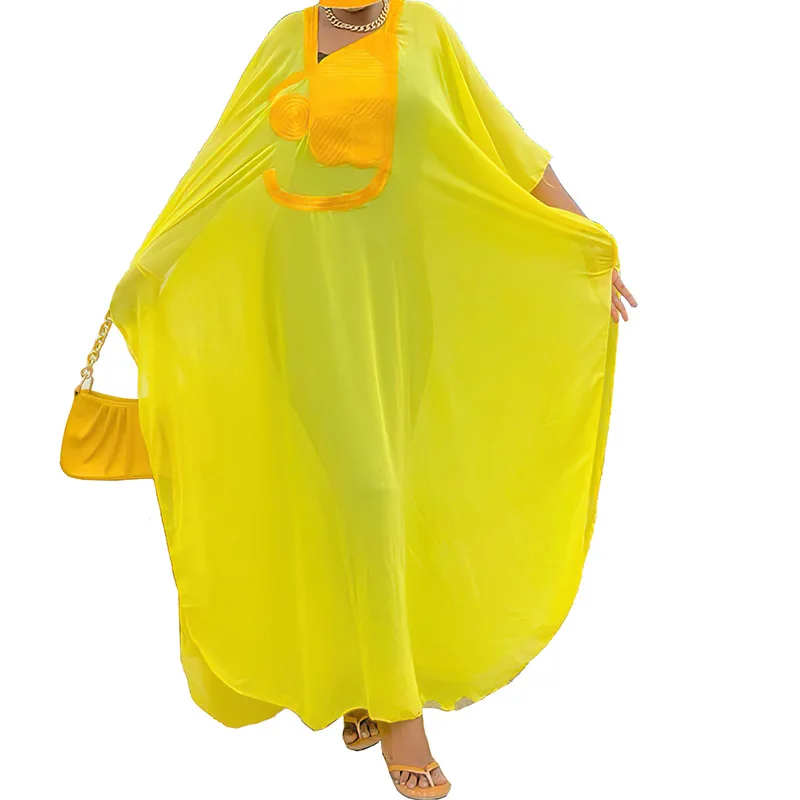 

African Dresses For Women Elegant Rope Embroidery Long Dress 2 Piece Set Chiffon Abaya Lady Traditional Africa Clothing