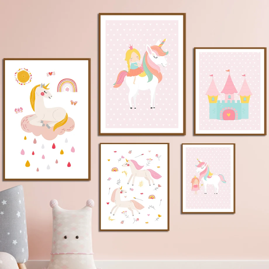 

Милый Радужный Единорог замок принцесса настенная Картина на холсте скандинавские постеры и принты настенные картины для десткой девочки ...