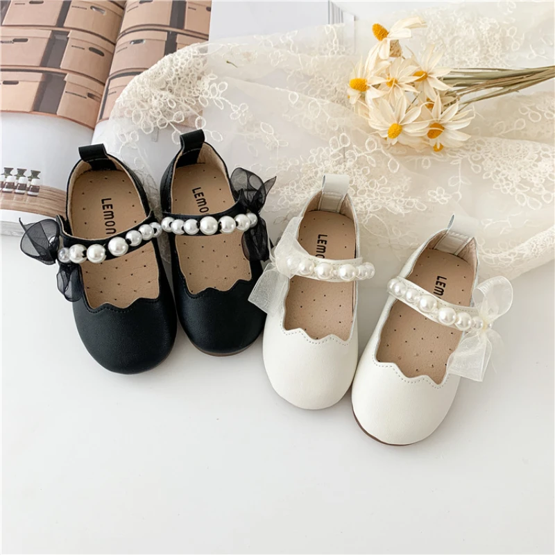 Elegant Beading Kids Girls Wedding Party Dress Shoes Black White Baby Girls Leather Shoes Princess Shoes Mary Jane Shoes 2023