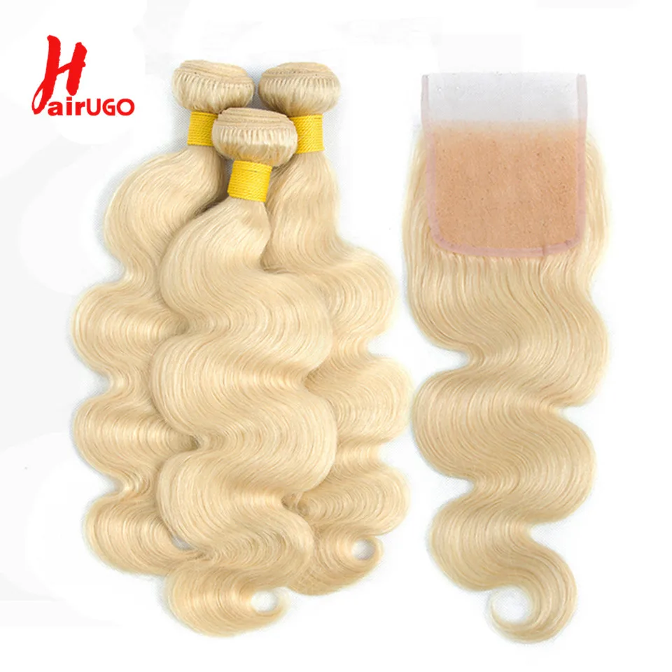 HairUGo Brazilian Blonde Hair 2/3 Bundles With Closure Colored Body Wave Human Hair Closure With Bundles Remy Blonde Hair Weave