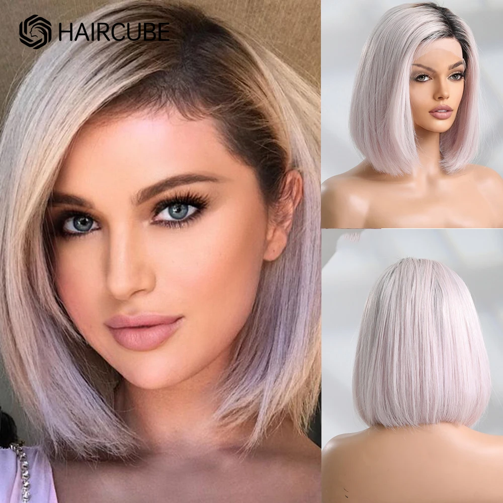 HAIRCUBE Human Hair Lace Frontal Wig Light Pink Wig with Dark Roots 14inch Straight Real Hair Wigs for Women 13*1 Lace Front Wig