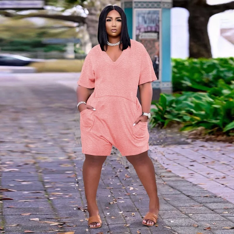 Summer Playsuits Women Fashion Solid Color Pocket Loose Playsuits Women's Casual Short Sleeve V-neck Pullover Straight Playsuits