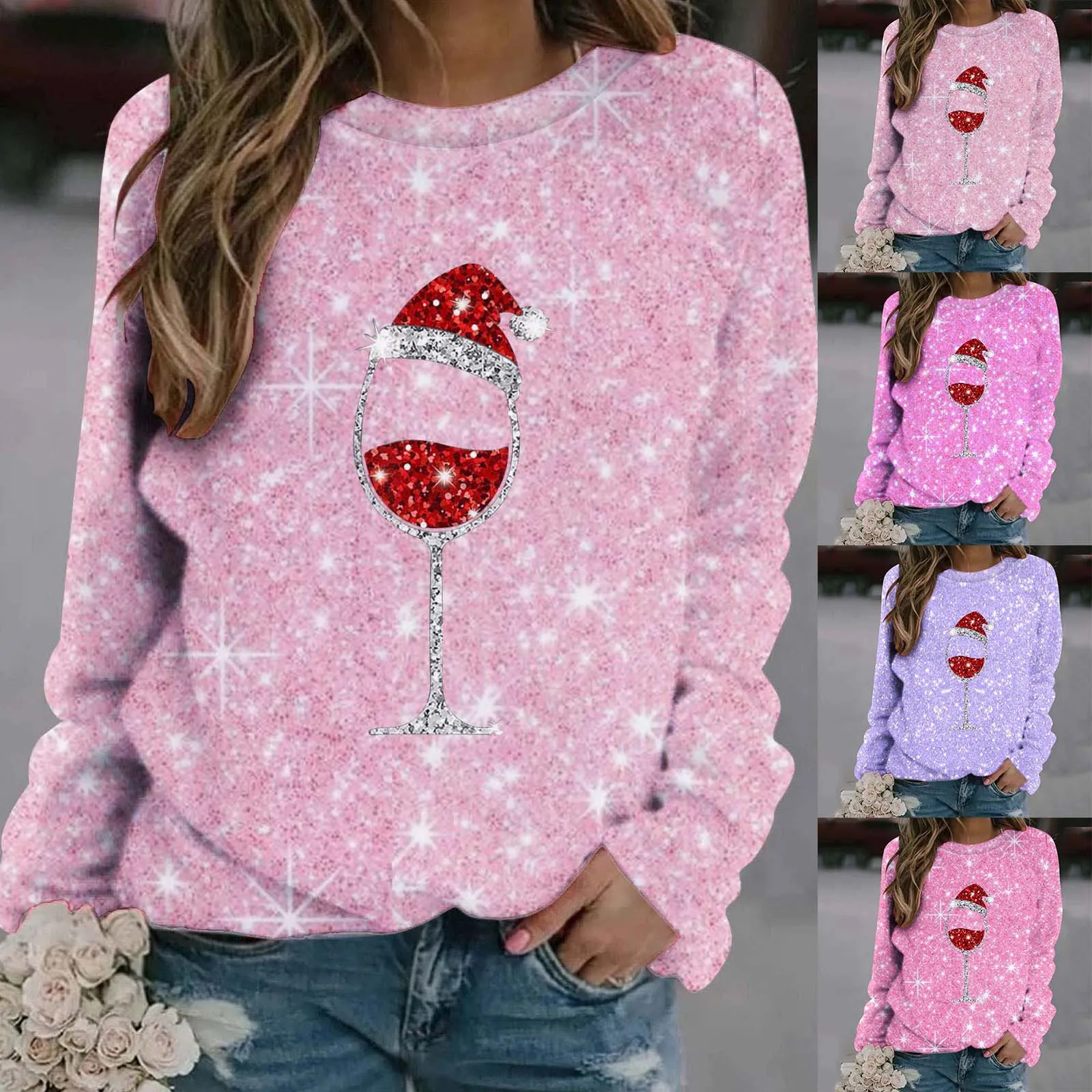 

Large Sweatshirt Women Ladies' Christmas Wine Glass Print Round Neck Long Sleeve Lounging Pullover Womens Athletic Loose Hoodies