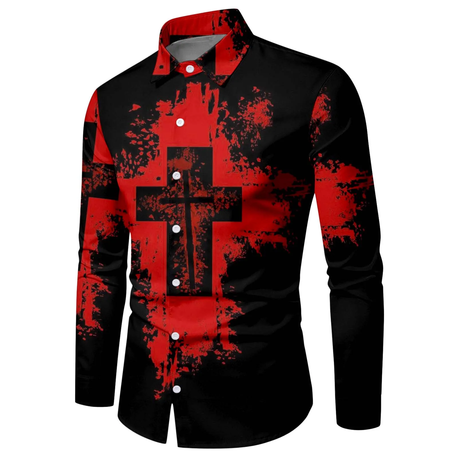 

Male Party Halloween Cross Print Shirt Long Sleeve Turn Down Shirt for Men Casual Summer Athletic Shirts Men Mock Shirt Mens