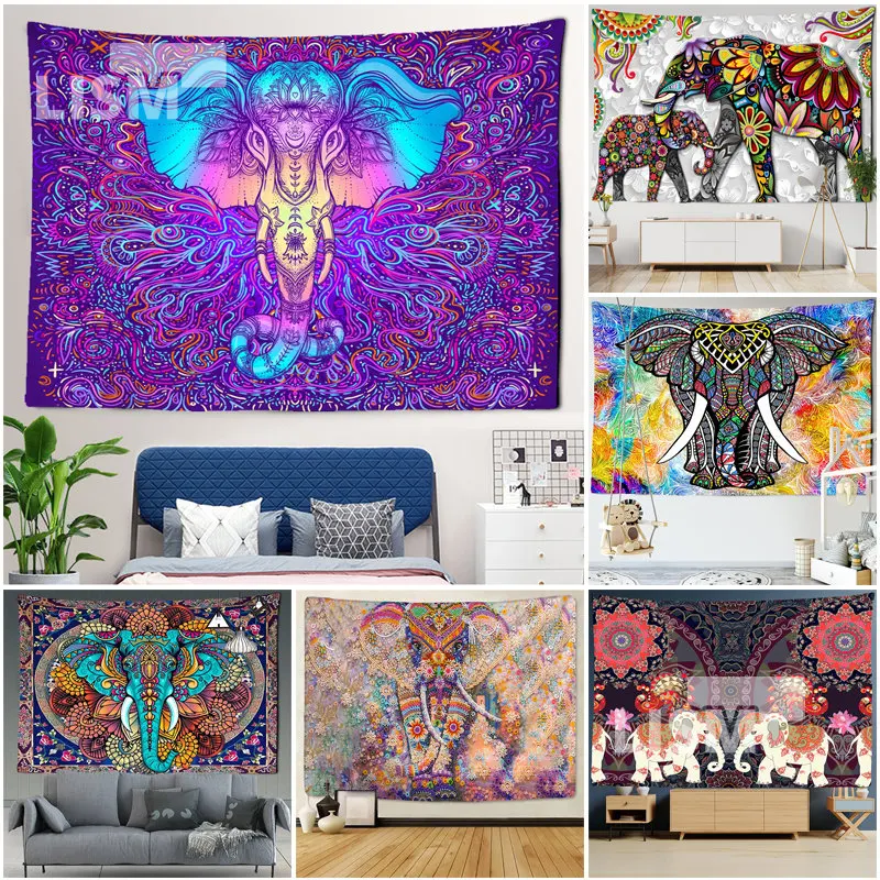 

Indian 3D Elephant Buddha Tapestry Mandala Aesthetic Printed Wall Hanging Boho Vintage Home Decor Exorcism Background Cloth