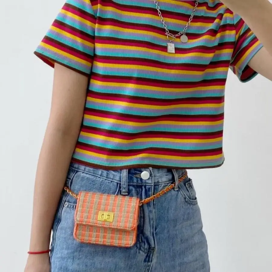 

Mini Fashion Chain Women Waist Bag Tweed Casual Striped Ladies Crossbody Shoulder Bags Phone Small Brand Female Clutch Purse New