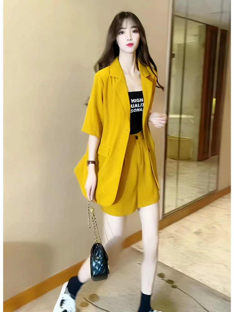 

2023 Summer New Small Suit Shorts Korean Short Sleeve Set 2 Pieces For Office Lady Business Women Outfits Blazer And Pants