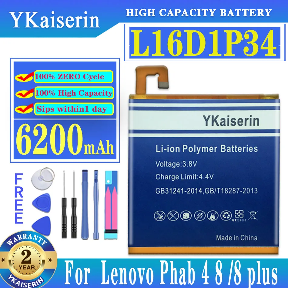

YKaiserin 6200mAh L16D1P34 Replacement Battery For LENOVO TAB4 8 TAB48 TB-8504N TAB4 8 Plus TAB48 Plus Li-ion Bateria + Tools