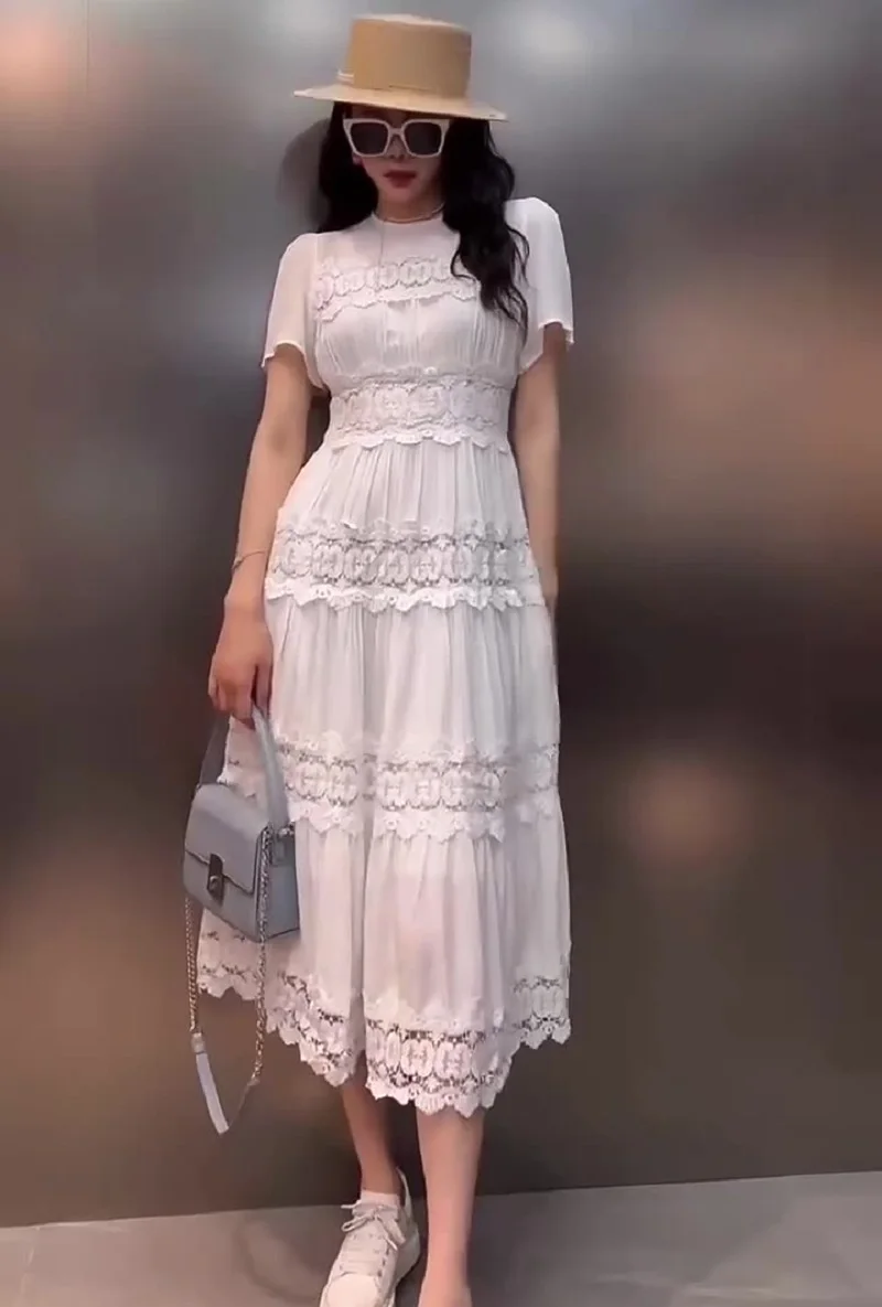 Женское кружевное платье с вышивкой повседневное белое платье-трапеция до