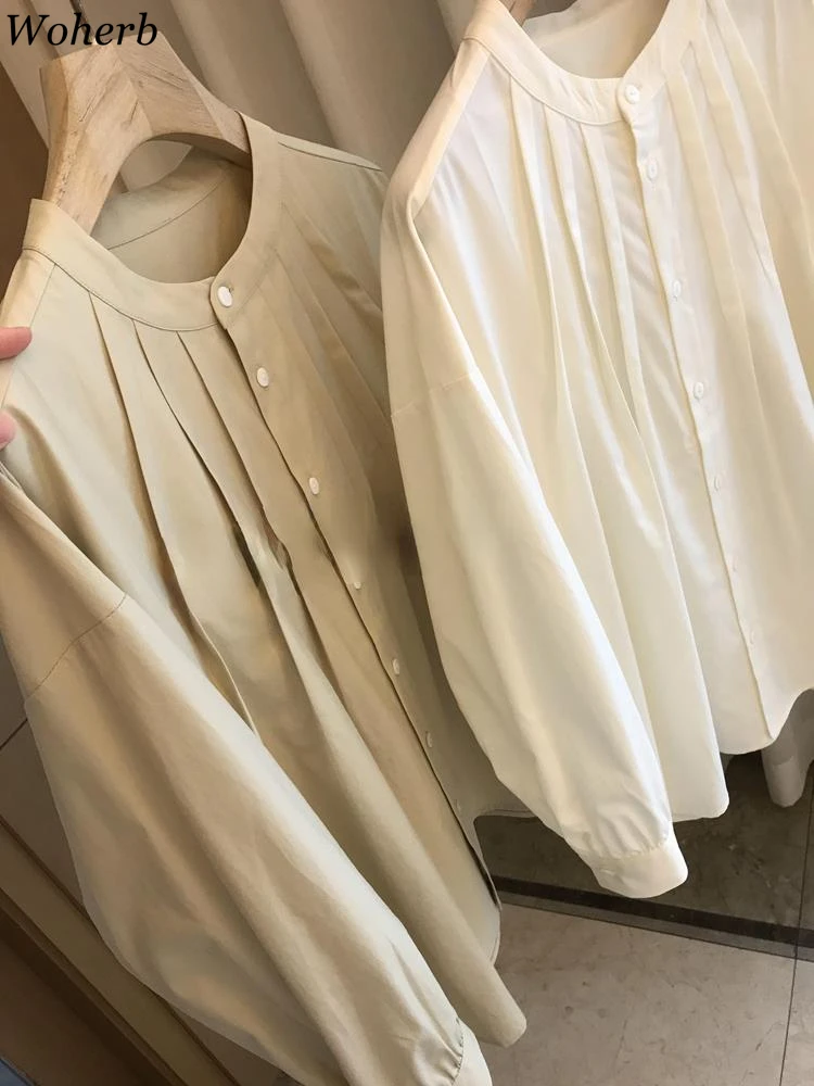 Женская однотонная блузка с длинным рукавом свободная плиссированная в