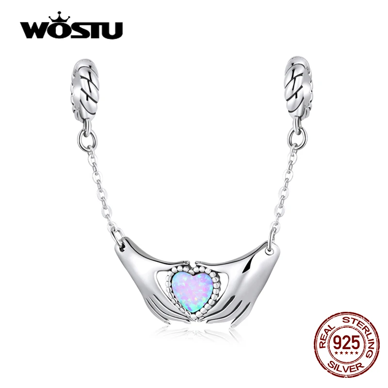 

WOSTU 925 Sterling Silver Hands Love Opal Heart Charm Bead Pendant Fit Original Bracelet Necklace For Women Jewelry CTC597