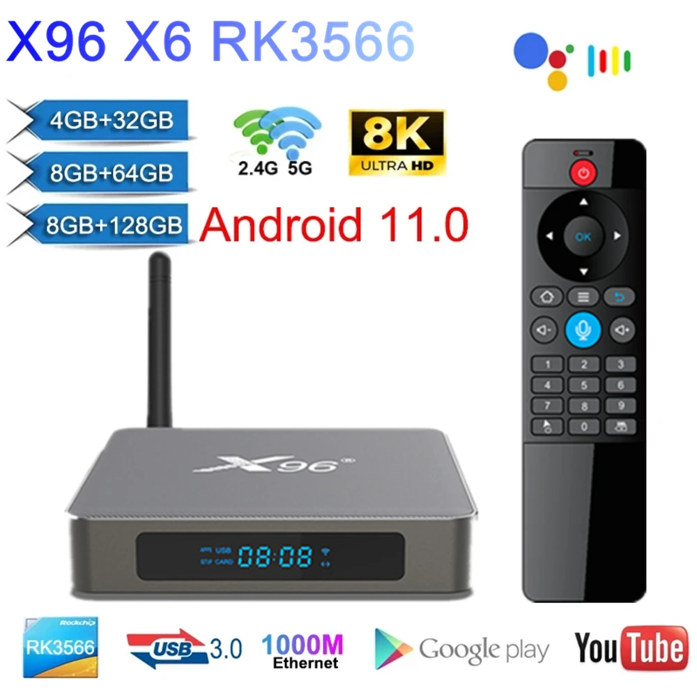 

ТВ-приставка X96 X6, Android 11, 8 ГБ ОЗУ, 128 Гб ПЗУ, RK3566, 8K HD, 2T2R, MIMO, 2,4G/5G, Wi-Fi, 1000 м, 4 Гб, 32 ГБ, BT Voice, Смарт ТВ-приставка, медиаплеер
