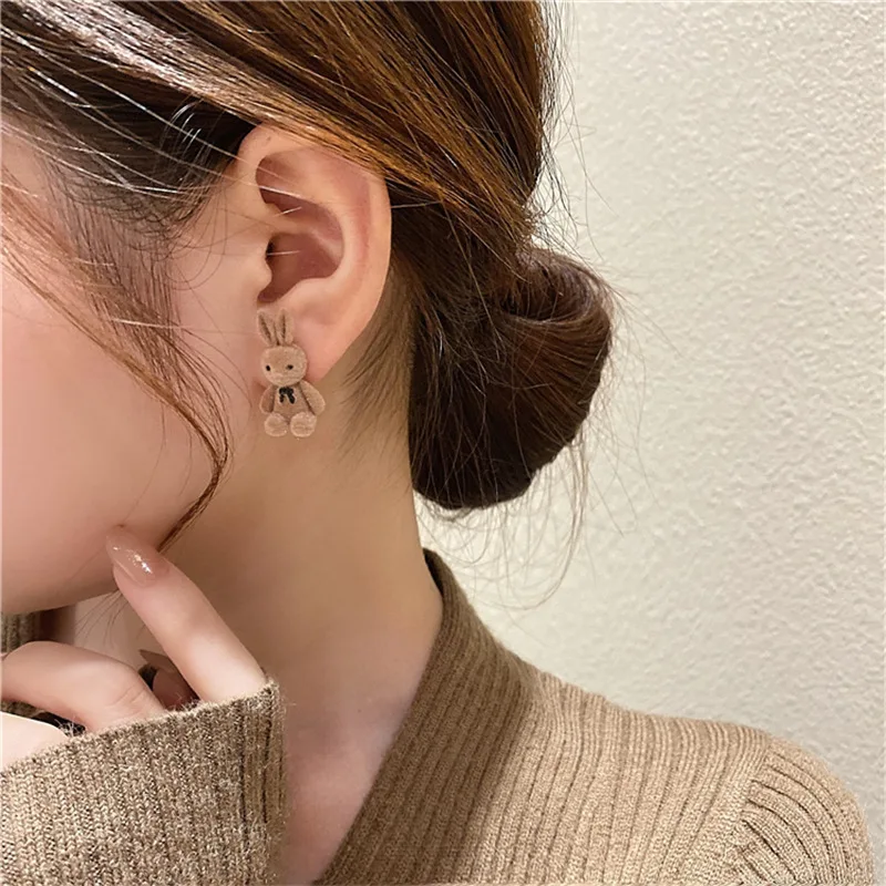 Flocking Plush Rabbits Bears Stud Earrings Brown Khaki Animal Drop For Women Girls Cute Earring Jewelry Brincos Gifts | Украшения и