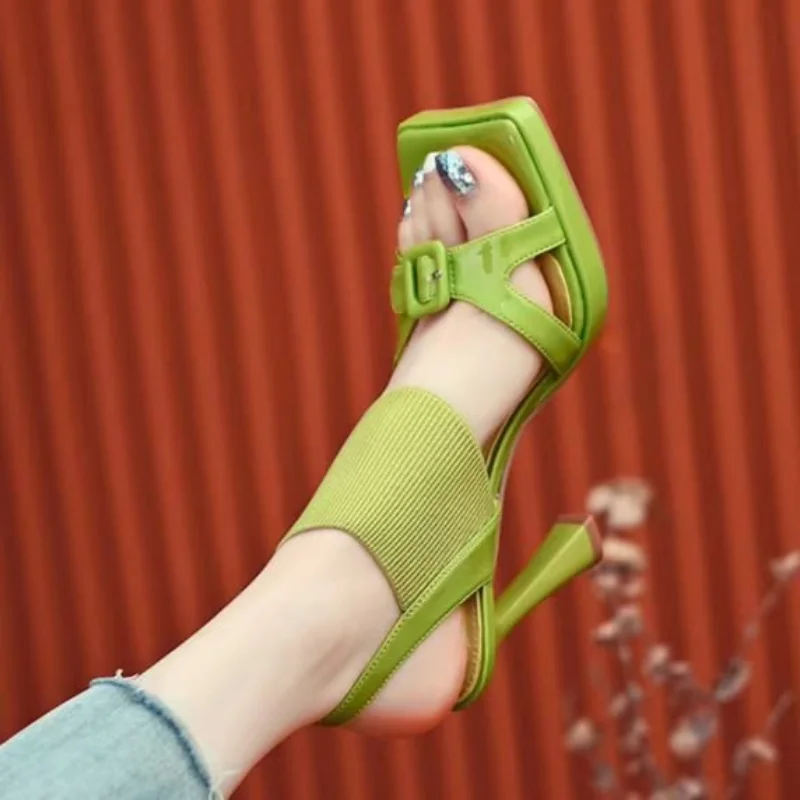 

Elegant Fashion Square Toe Buckle Strap Stiletto Sandals Women's Sexy Mesh Buckle Strap Banquet Open Toe Heels Mujer Zapatillas