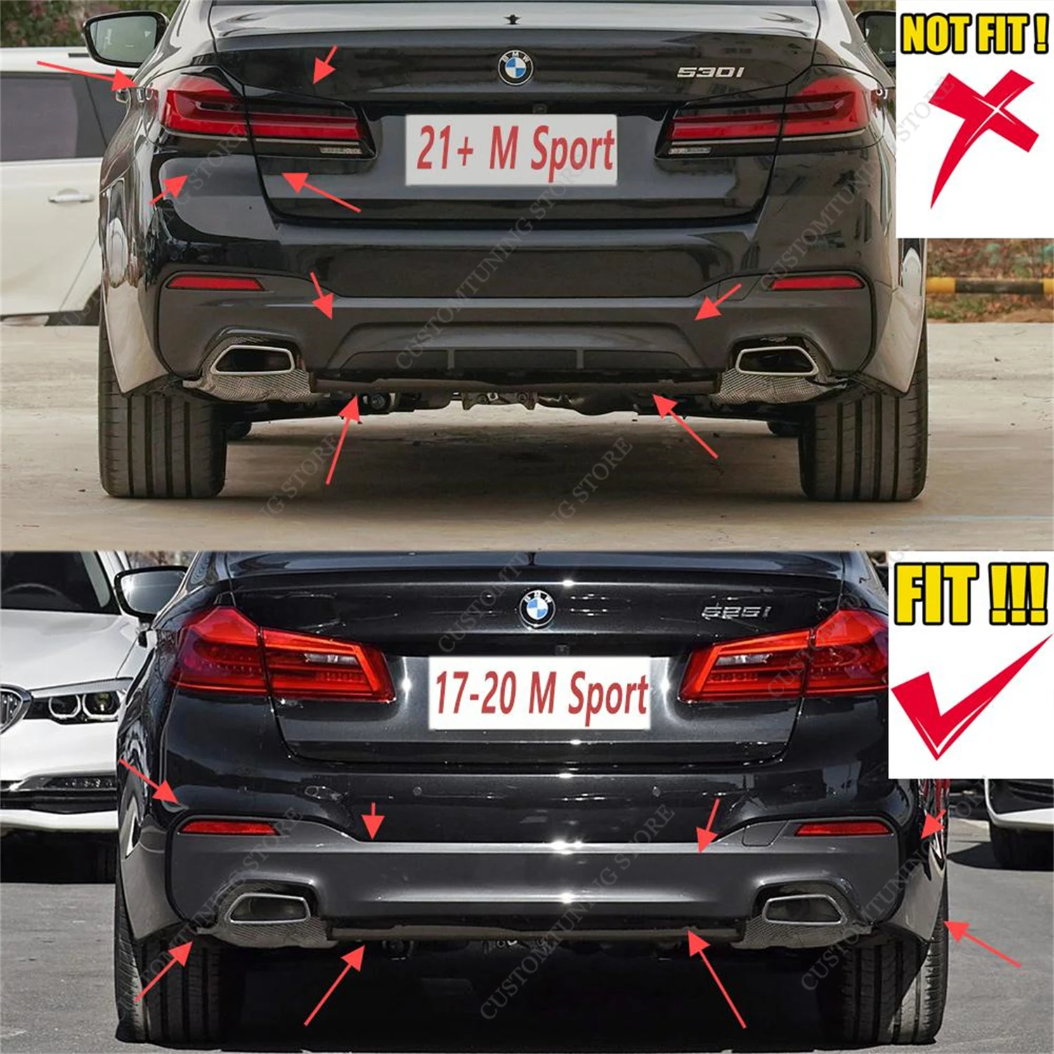 Для BMW G30 Pre-Lci M Sport ABS Глянцевый черный задний бампер с диффузором для губ 530i 530d 530e