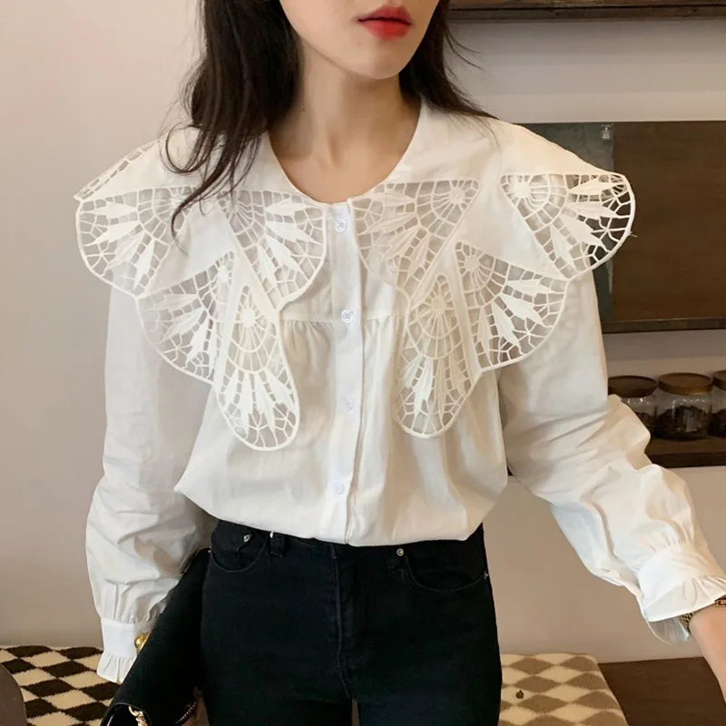 

Clothland Women Sweet White Blouse Hollow Out Collar Long Sleeve Shirts Basic Female Office Wear Tops Blusa LA385