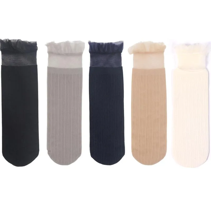 5 Pairs Spring Summer Velvet Silk Socks Women Lace Crystal Socks Soft Classic Ultrathin Comfortable Transparent Princess Socks