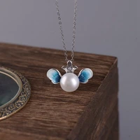 retro 925 silver wings shape pendants and necklaces for women enamel inlaid natural pearl necklace chain engagement jewelry xl23