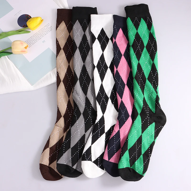 

Women Knee High Cotton Long Socks JK Lolita Y2K Stockings Rhombus Lattice Pattern Calf Socks Japanese Socks High Tube Sock