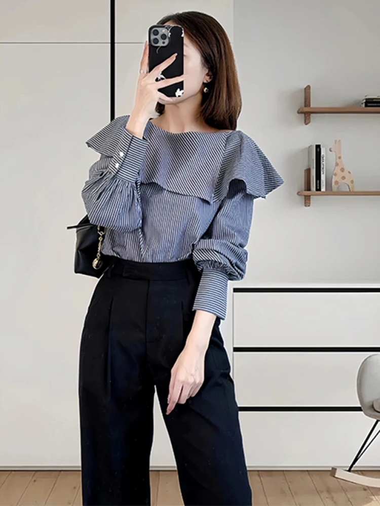 French sle Stripe Shirts Women 2024 Early Autumn New Light Luxury High Sense Unique Chic Small Shirt Long sleeve Temperamen...