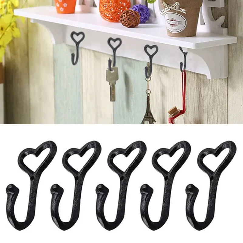 

5Pcs Heart Hooks Decorative Hooks Heart Wall Hooks Cast Iron Coat Hooks