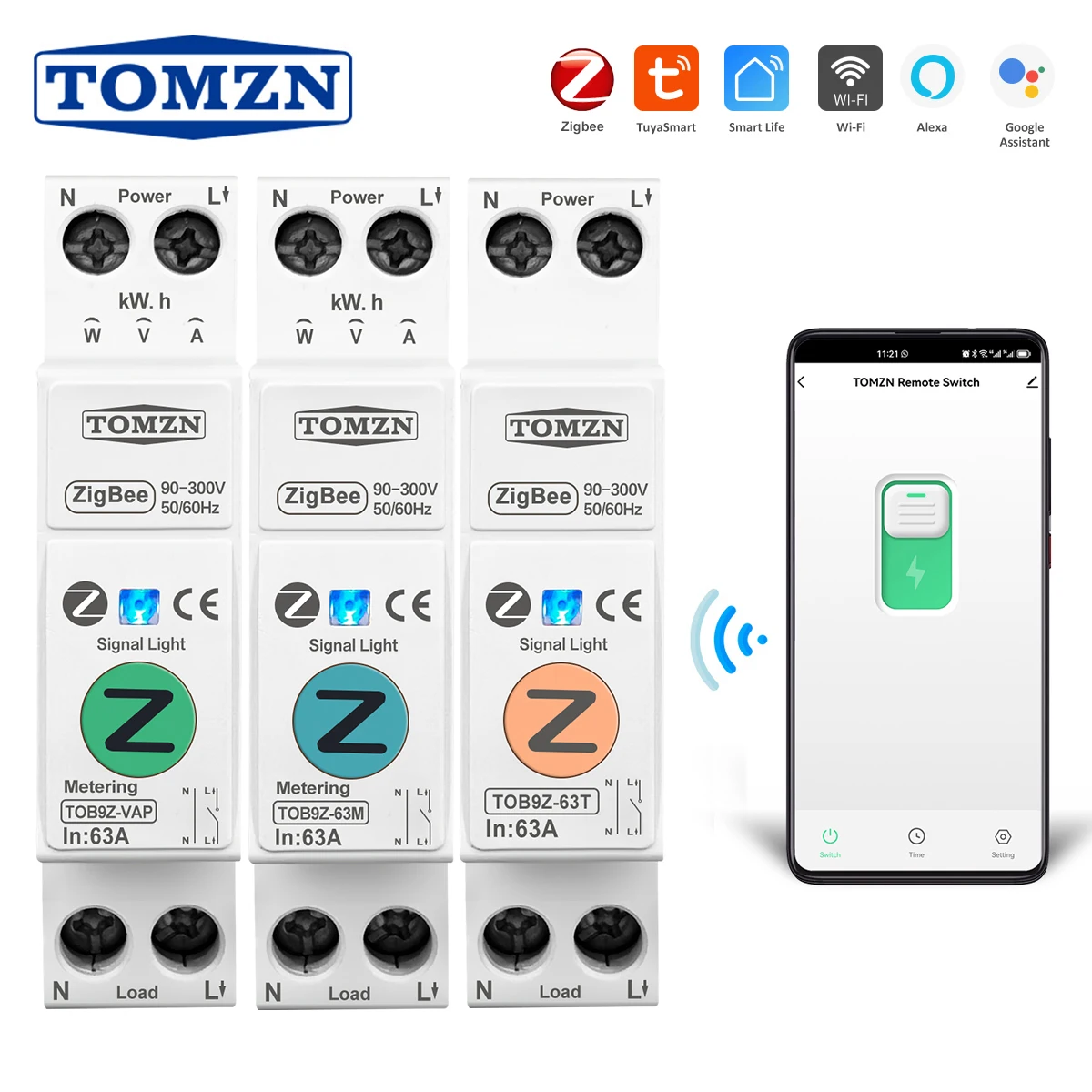 TOMZN WiFi Умный автомат с датчиком тока 63A