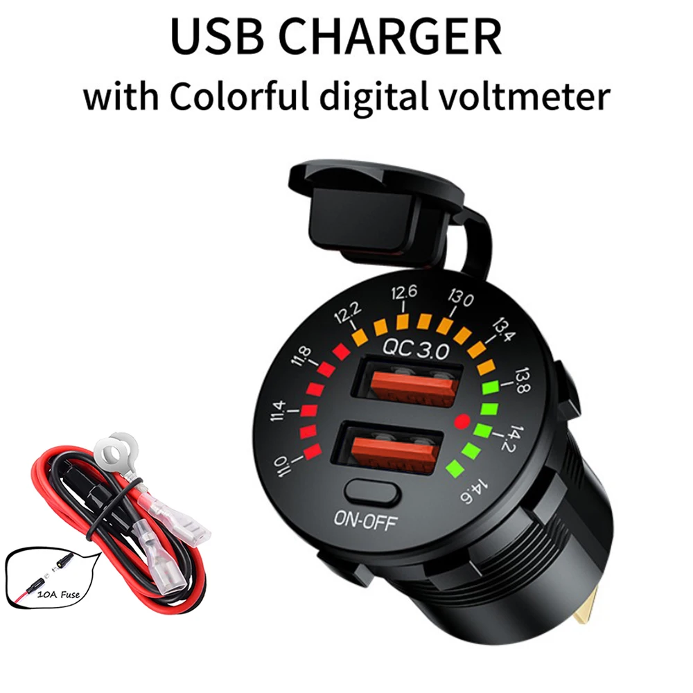 

36W Dual USB Charger Socket with LED Voltmeter ON OFF Switch QC3.0 PC Type C Waterproof USB Outlet Fast Charger for 12V/24V Car