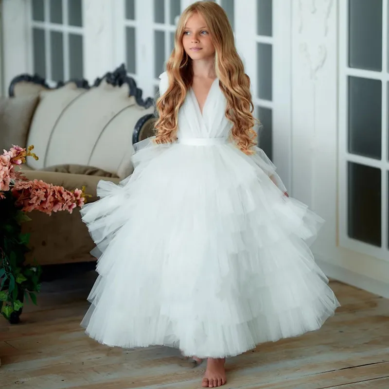 

Princess Flower Girl Dresses For Wedding Tiered Tulle Pageant Party Gowns First Communion Dresses White Ivory Pink