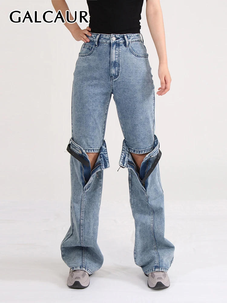 

GALCAUR Hole Hollow Out Jeans For Women High Waist Full Length Patchwork Belts Streetwear Solid Chic Denim Pants Female 2023 New
