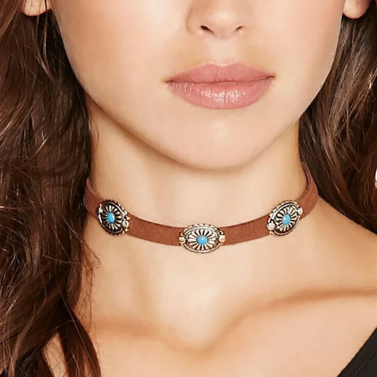 

European and American Fashion Jewelry Bohemian Retro Simple Metal Flower Disk Turquoise Necklace