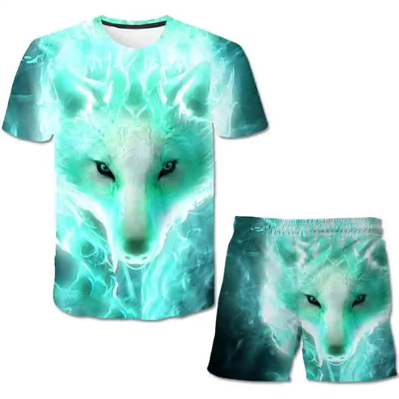 

2022 Children's 3D Animal Wolf Print T-shirt Set, Summer T-Shirt Fashion Shorts Boys Cartoon Set, 14T-20T Years Old