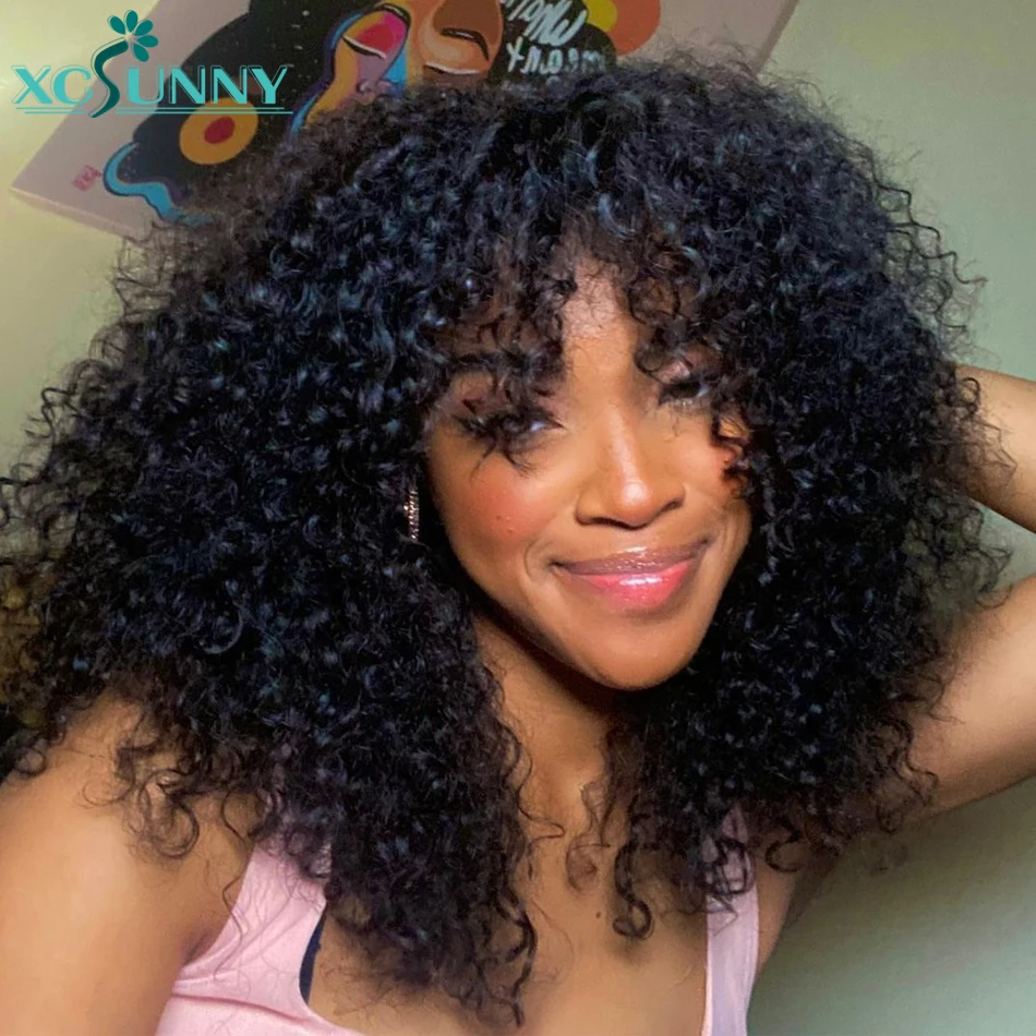 Curly Human Hair Wigs With Bangs Loose Curly Bang Wig Human Hair Glueless 180 Density Machine Made Wig Remy Brazilian Xcsunny
