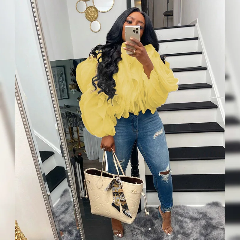 Женская шифоновая плиссированная блузка с рукавами-лепестками и буффами - купить