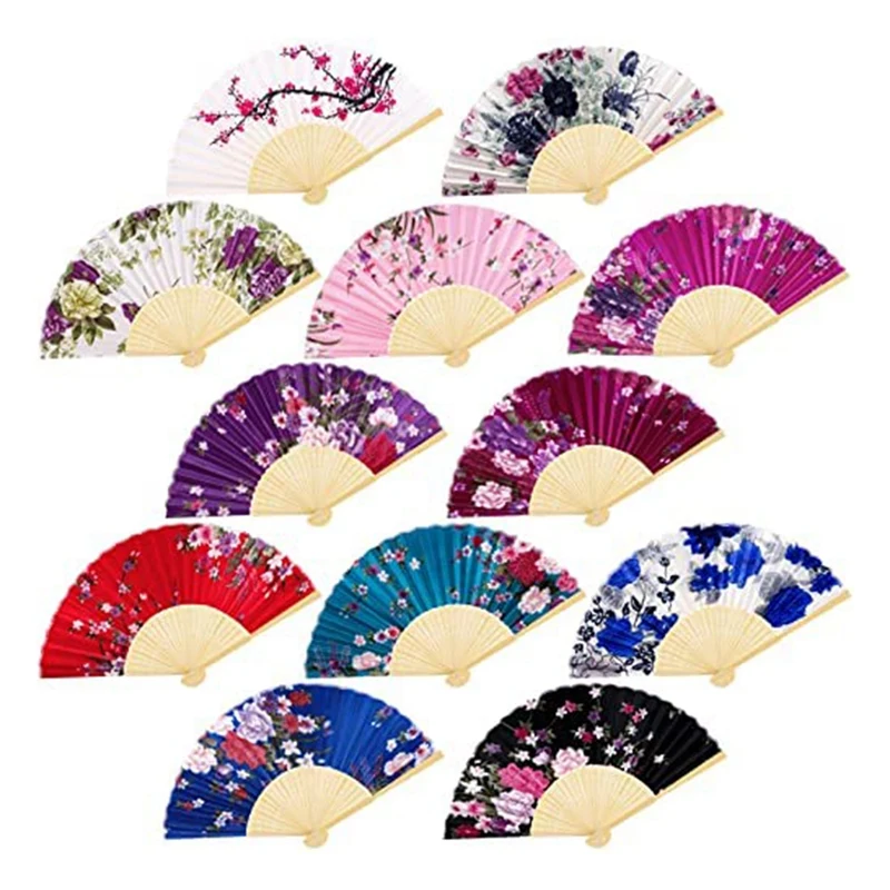 

12 Pieces Floral Folding Fans Handheld Fans Vintage Handheld Fan Flower Patterns Fabric Fans For Wedding,Dancing,Party