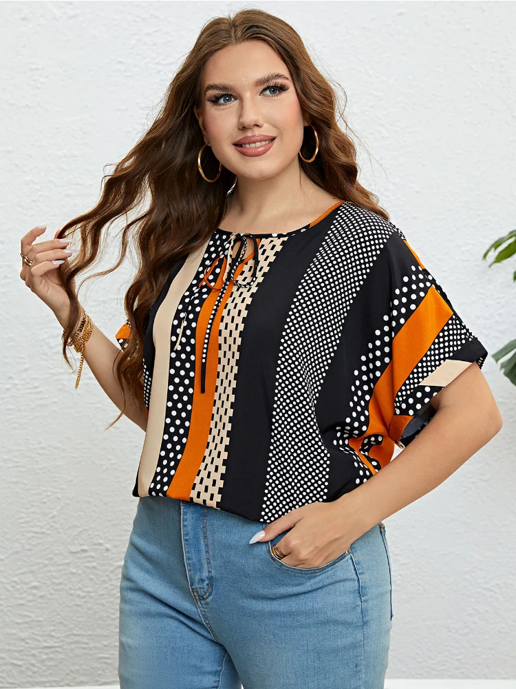 Summer patchwork crewneck loose women's top plus size women clothing women tops and bloues