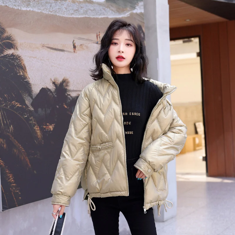 2022 Stand Collar Winter Jacket Women Bright Shiny Cotton Padded Warm Thicken Female Coat Short Parka Puffer Jacket