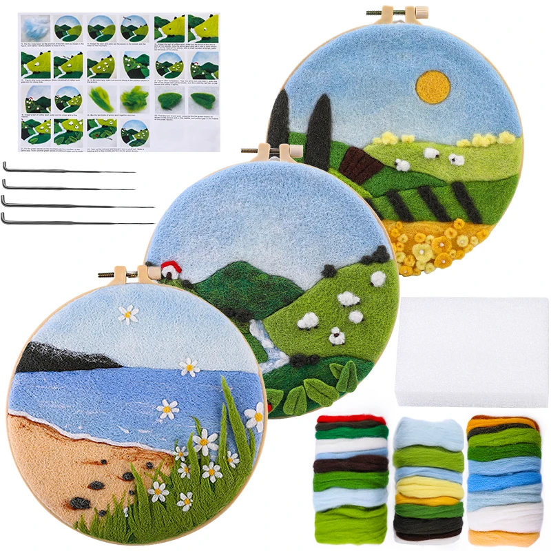 

Nonvor DIY Wool Felting Painting with Embroidery Frame Non-Finish Poked Needle Felt Material Package for Home Decors Crafts Gift