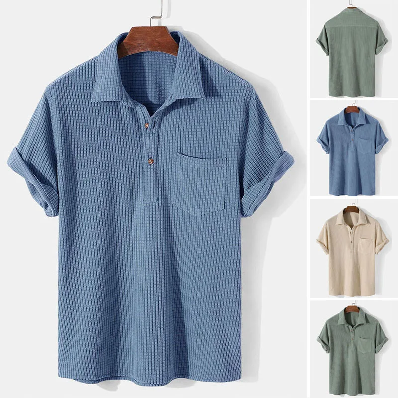 

Mens Top Checkered Short Sleeved Shirt 2023 Casual Top Loose Solid Color Lapel Comfortable Shirt for Men