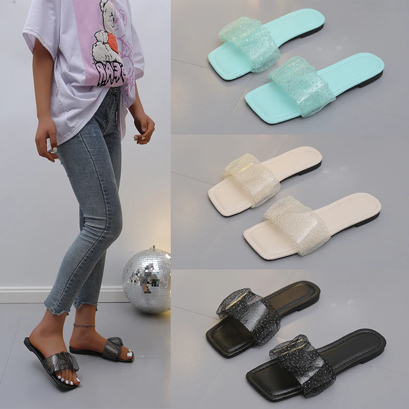 

Women Slippers Pleat Lace Square Toe Fashion Slides Ladies Comfort Casual Female Slipper Shoes PU Woman Sandals Summer New 2022