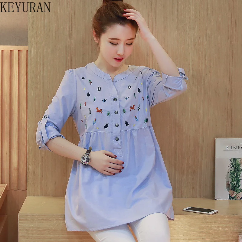 

Embroidery Striped Maternity Blouses Pregnancy Clothes Tops 2022 Spring Korean Long Sleeve Mid-length Shirts for Pregnant Women